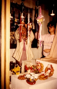 Arranging Double Axe show- window for Easter 1986.
