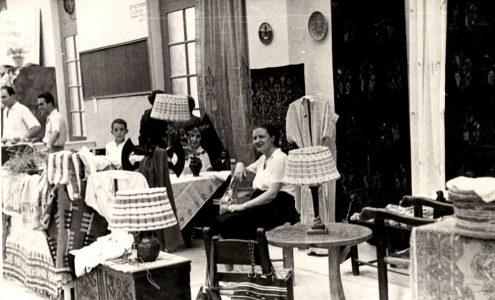 Sissi Kaloutsi at Double Axe&#039;s stand at a greek folk art exhibition in Thessaloniki in 1951.