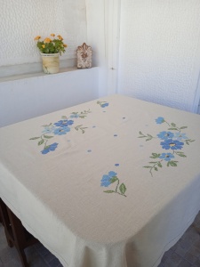 Handmade table cloth. Kaloutsi&#039;s designs are still woven in Crete.