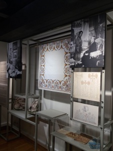 Some of Kaloutsi&#039;s designs applied on bags, tablecloths and book-cover.