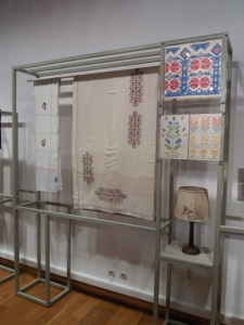Tablecloths and lamp exhibited at the municipal gallery in Chania.