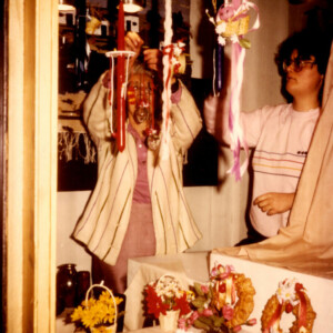 Arranging Double Axe show-window for Easter 1986. Arranging Double Axe show- window for Easter 1986.