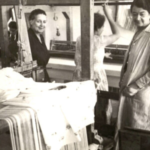 Kaloutsi (left) and weavers at her workshop in Chania, August 1957. Kaloutsi (left) and weavers at her workshop in Chania, August 1957.