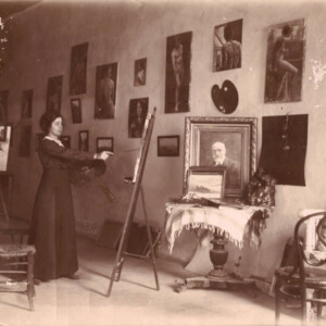 Florentini Kaloutsi painting in her studio, Chania 1915. Florentini Kaloutsi painting in her studio, Chania 1915.